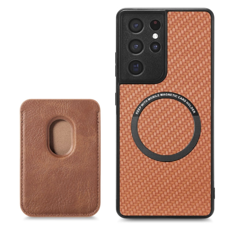 For Samsung Galaxy S21 Ultra 5G Carbon Fiber Leather Card Magsafe Magnetic Phone Case(Brown) - Galaxy S21 Ultra 5G Cases by PMC Jewellery | Online Shopping South Africa | PMC Jewellery