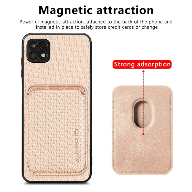 For Samsung Galaxy A22 5G Carbon Fiber Leather Card Magsafe Magnetic Phone Case(Khaki) - Galaxy Phone Cases by PMC Jewellery | Online Shopping South Africa | PMC Jewellery