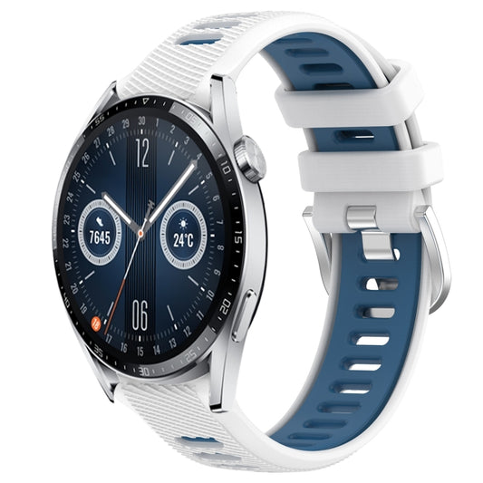 For Huawei Watch GT3 42mm 20mm Sports Two-Color Steel Buckle Silicone Watch Band(White+Blue) - Watch Bands by PMC Jewellery | Online Shopping South Africa | PMC Jewellery