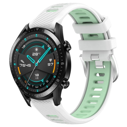 For Huawei Watch GT2 42mm 20mm Sports Two-Color Steel Buckle Silicone Watch Band(White+Teal) - Smart Wear by PMC Jewellery | Online Shopping South Africa | PMC Jewellery