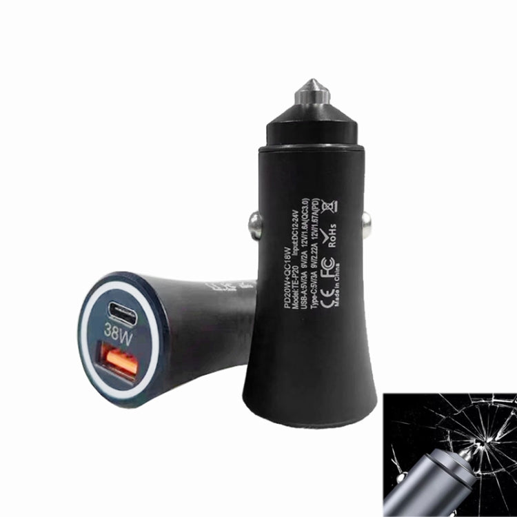 P20 38W PD3.0 20W + QC3.0 USB Safety Hammer Car Charger(Black) - Car Charger by PMC TechLife | Online Shopping South Africa | PMC TechLife