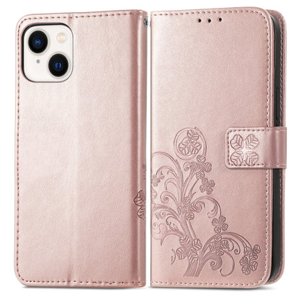 For iPhone 15 Four-leaf Clasp Embossed Buckle Leather Phone Case(Rose Gold) - iPhone 15 Cases by PMC Jewellery | Online Shopping South Africa | PMC Jewellery