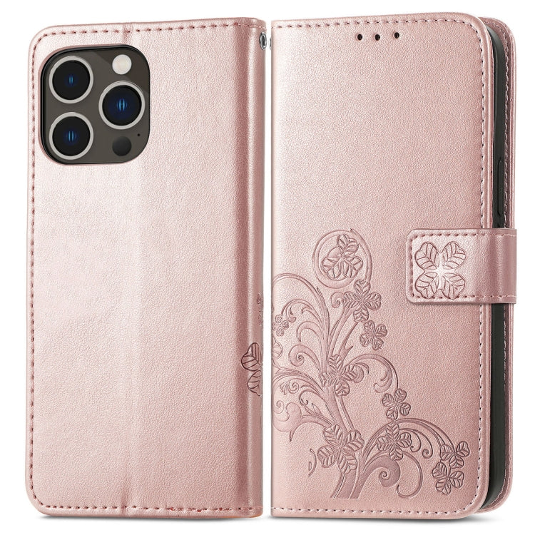 For iPhone 15 Pro Four-leaf Clasp Embossed Buckle Leather Phone Case(Rose Gold) - iPhone 15 Pro Cases by PMC Jewellery | Online Shopping South Africa | PMC Jewellery