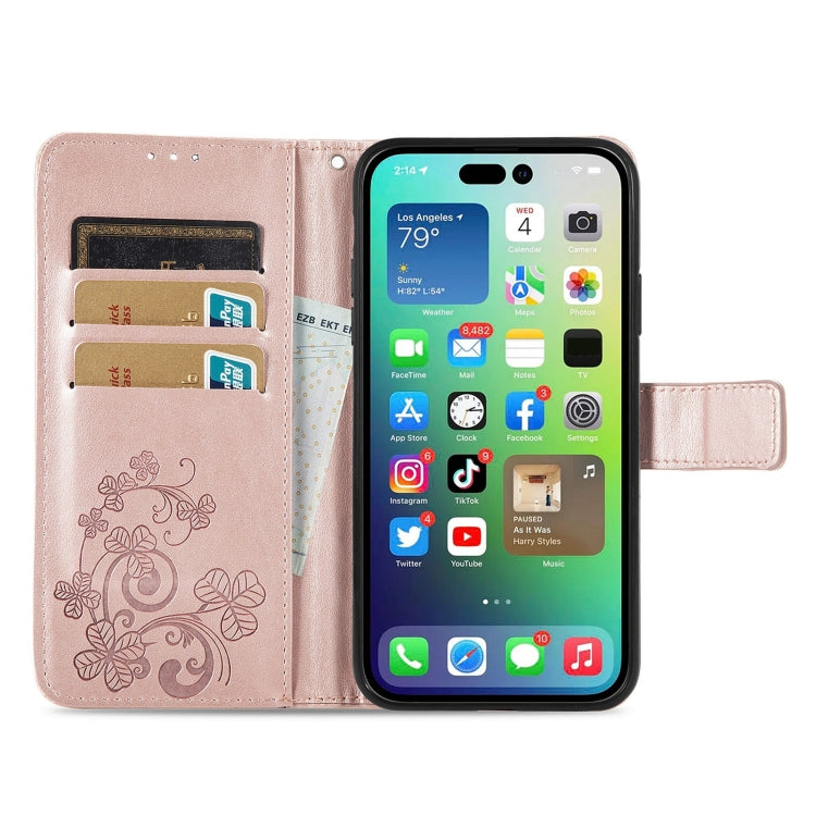For iPhone 15 Pro Max Four-leaf Clasp Embossed Buckle Leather Phone Case(Rose Gold) - iPhone 15 Pro Max Cases by PMC TechLife | Online Shopping South Africa | PMC TechLife