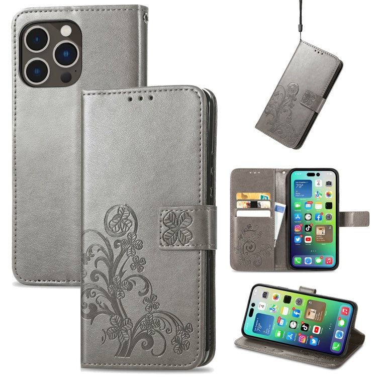 For iPhone 15 Pro Max Four-leaf Clasp Embossed Buckle Leather Phone Case(Gray) - iPhone 15 Pro Max Cases by PMC TechLife | Online Shopping South Africa | PMC TechLife