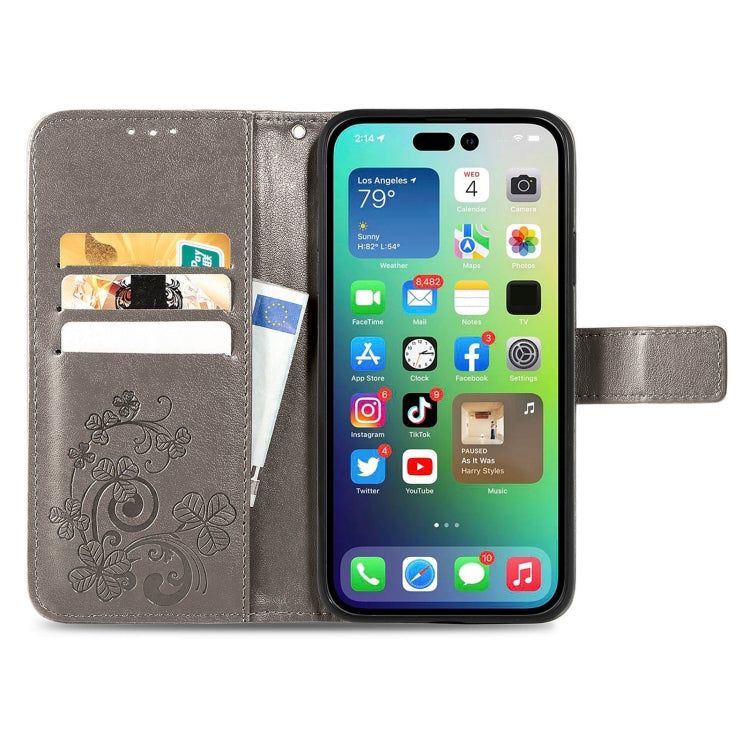 For iPhone 15 Pro Max Four-leaf Clasp Embossed Buckle Leather Phone Case(Gray) - iPhone 15 Pro Max Cases by PMC TechLife | Online Shopping South Africa | PMC TechLife