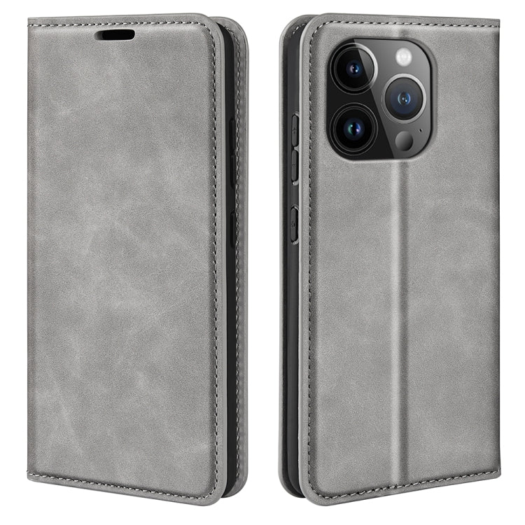 For iPhone 15 Pro Retro-skin Magnetic Suction Leather Phone Case(Grey) - free shipping - PMC TechLife - Order now!