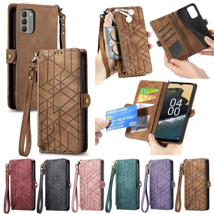 For Nokia C12 Geometric Zipper Wallet Side Buckle Leather Phone Case(Purple) - free shipping - PMC TechLife - Order now!