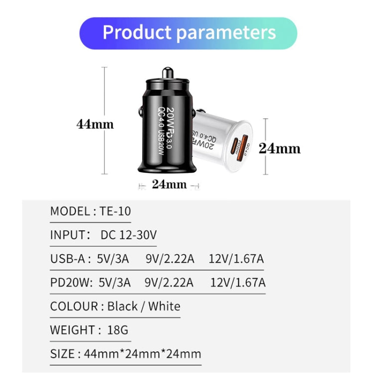 P10 Mini Style QC4.0 USB / PD20W Dual Port Car Charger(White) - Car Charger by PMC TechLife | Online Shopping South Africa | PMC TechLife
