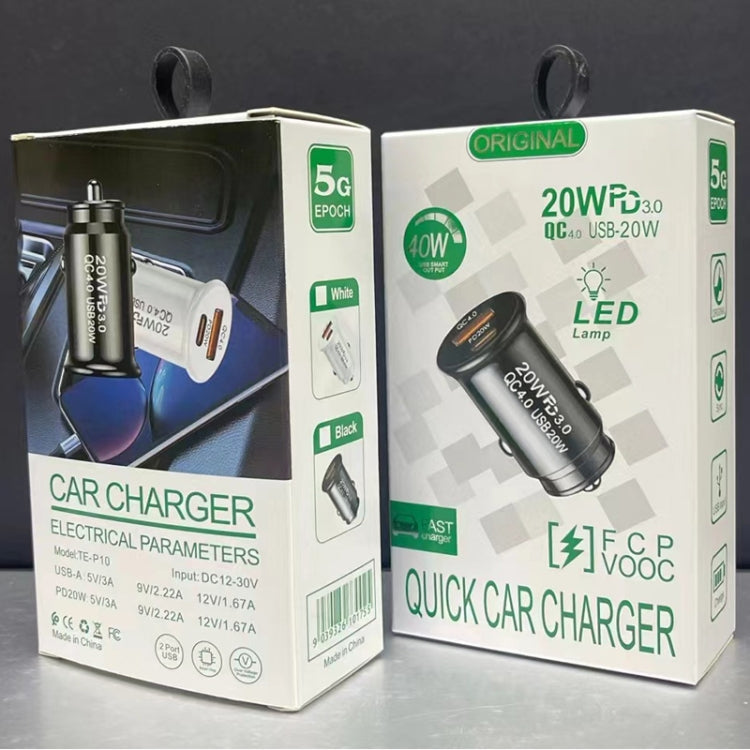P10 Mini Style QC4.0 USB / PD20W Dual Port Car Charger(White) - Car Charger by PMC TechLife | Online Shopping South Africa | PMC TechLife
