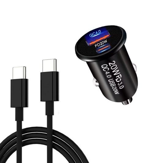 P10 Mini QC4.0 USB / PD20W Car Charger with Type-C to Type-C Fast Charging Data Cable(Black) - Car Charger by PMC Jewellery | Online Shopping South Africa | PMC Jewellery
