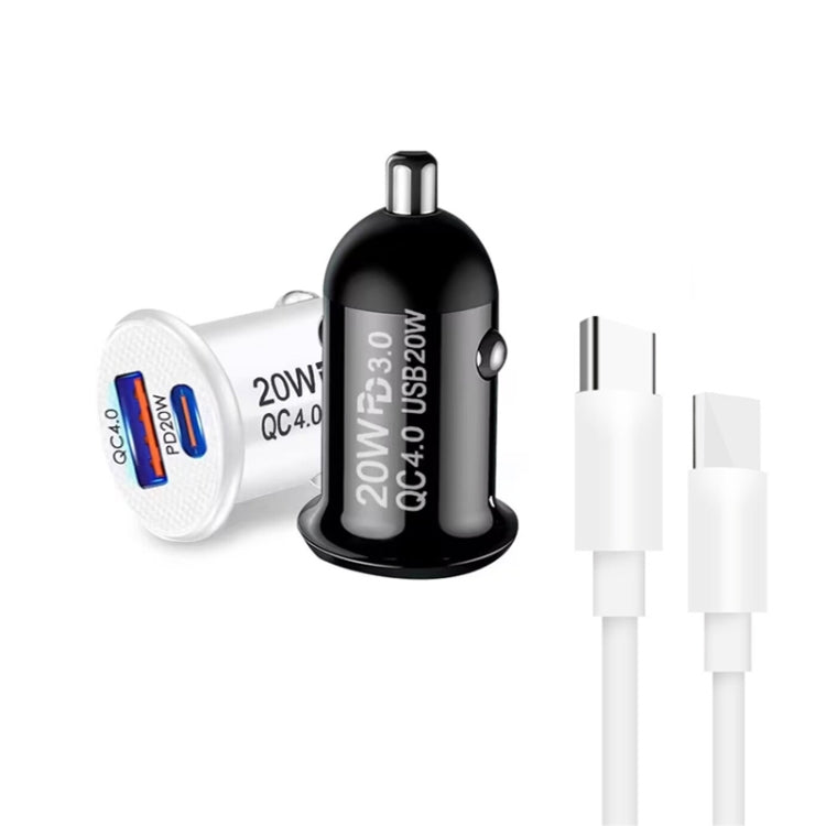 P10 Mini QC4.0 USB / PD20W Car Charger with Type-C to Type-C Fast Charging Data Cable(White) - Car Charger by PMC Jewellery | Online Shopping South Africa | PMC Jewellery