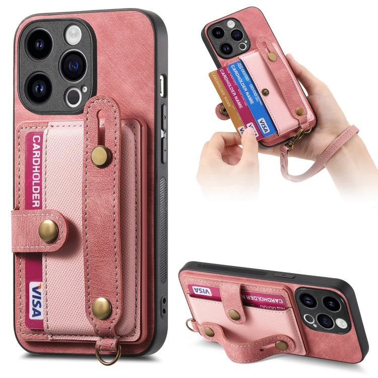 For iPhone 15 Pro Retro Cross Wristband Wallet Leather Back Phone Case(Pink) - iPhone 15 Pro Cases by PMC TechLife | Online Shopping South Africa | PMC TechLife | Buy Now Pay Later Mobicred