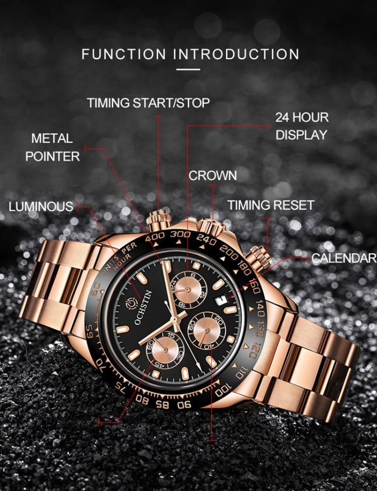 OCHSTIN Augusten 6103B Multi Function Quartz Watch Sports luminous Waterproof Watch Calendar Steel Band Men  Watch(Gold) - Sport Watches by OCHSTIN | Online Shopping South Africa | PMC Jewellery | Buy Now Pay Later Mobicred