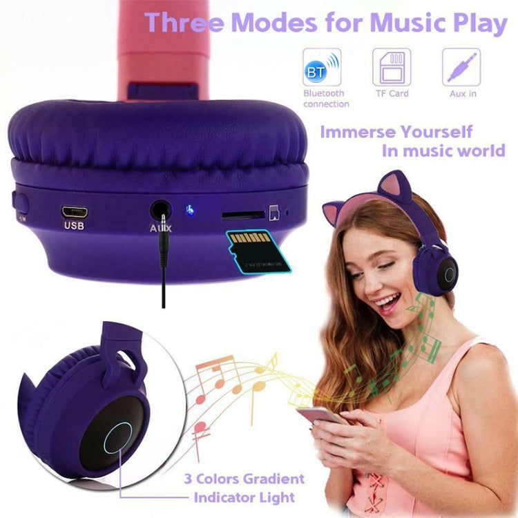 BT028C Cute Cat Ear Bluetooth 5.0 Headphones Foldable On-Ear Stereo Wireless Headset Headphone with Mic / LED Light / FM Radio / TF Card(Blue) - Headset & Headphone by PMC Jewellery | Online Shopping South Africa | PMC Jewellery
