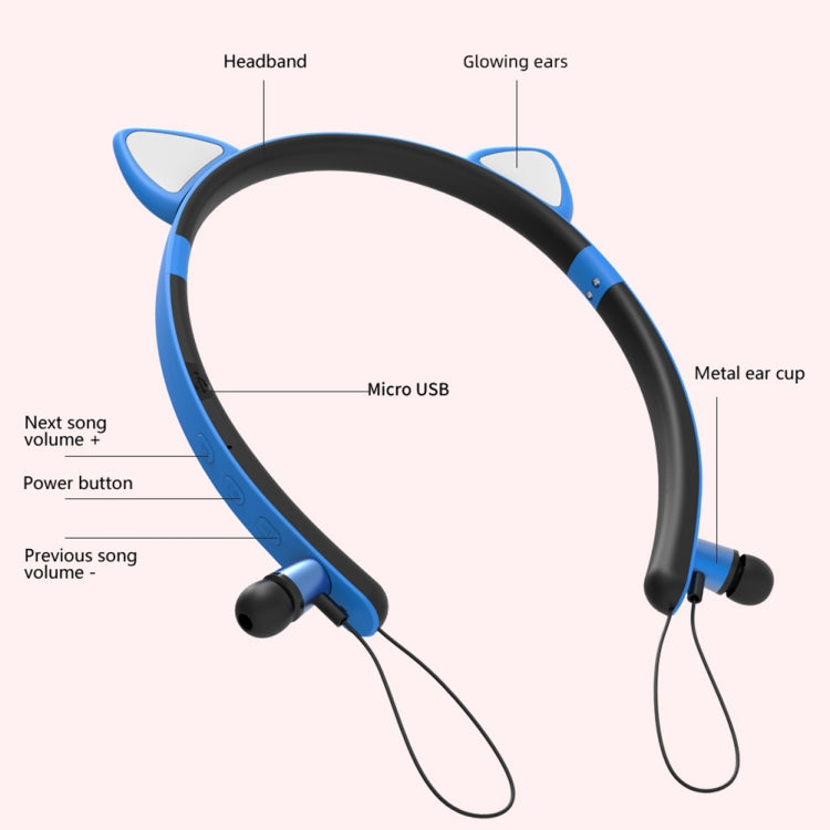 ZW29 Cat Ear Stereo Sound HIFI Fashion Outdoor Portable Sports Wireless  Bluetooth Headset with Mic & LED Light Glowing(Blue) - Neck-mounted Earphone by PMC Jewellery | Online Shopping South Africa | PMC Jewellery