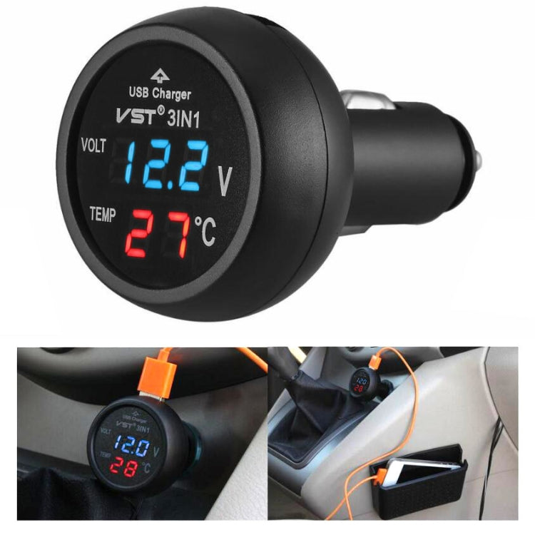 3 In 1 Car USB Charger Car Cigarette Lighter With Voltage Detection Display Multi-function Monitoring Table(Red Blue) - Car Charger by PMC Jewellery | Online Shopping South Africa | PMC Jewellery