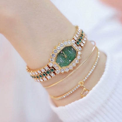 BS bee sister FA1581 Women Octagonal Dial Diamond Plated Rhinestone Bracelet Quartz Watch(Gold Shell Green Diamond) - Alloy Watches by BS Bee Sister | Online Shopping South Africa | PMC Jewellery | Buy Now Pay Later Mobicred