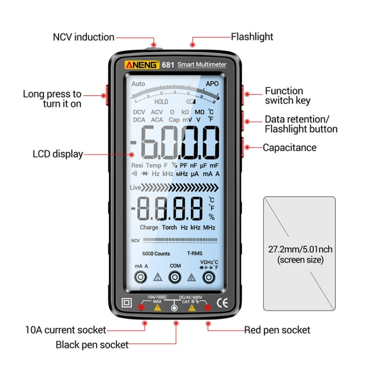 ANENG 681 LCD Digital Display Screen Smart Automatic Range Rechargeable Multimeter(Red) - free shipping - PMC TechLife - Order now!