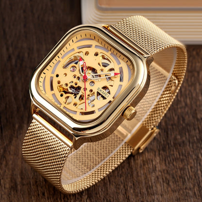 SKMEI 9184 Men Automatic Mechanical Watch Mesh with Hollow Square Tourbillon Student Watch (Gold) - Metal Strap Watches by SKMEI | Online Shopping South Africa | PMC Jewellery | Buy Now Pay Later Mobicred