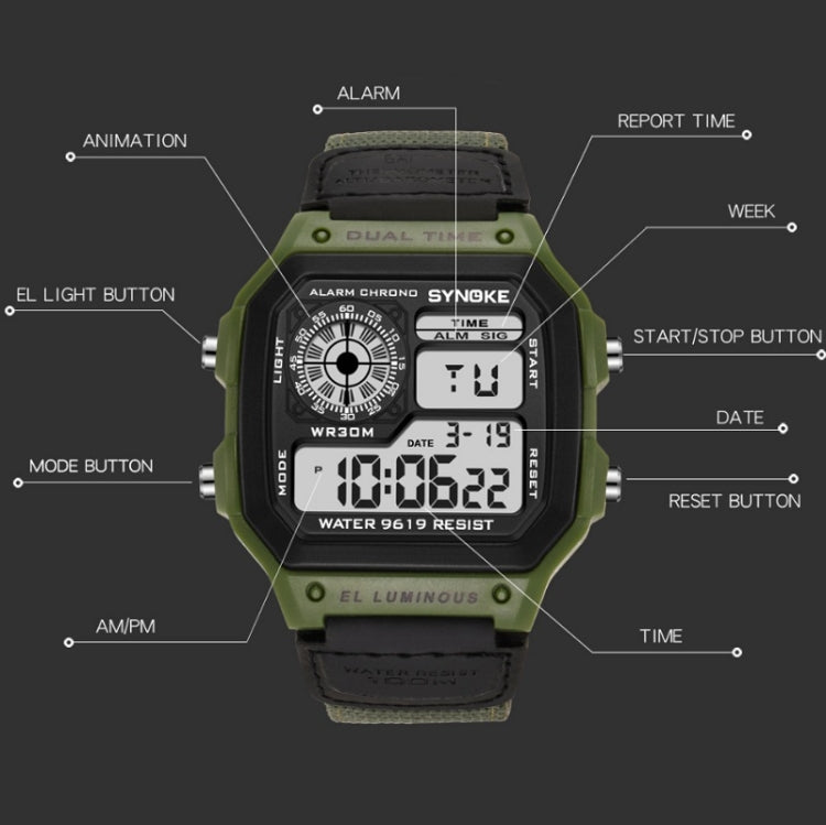 SYNOKE 9619B Nylon Canvas Strap Luminous Waterproof Digital Watch(Black Head Black Belt) - LED Digital Watches by SYNOKE | Online Shopping South Africa | PMC Jewellery | Buy Now Pay Later Mobicred