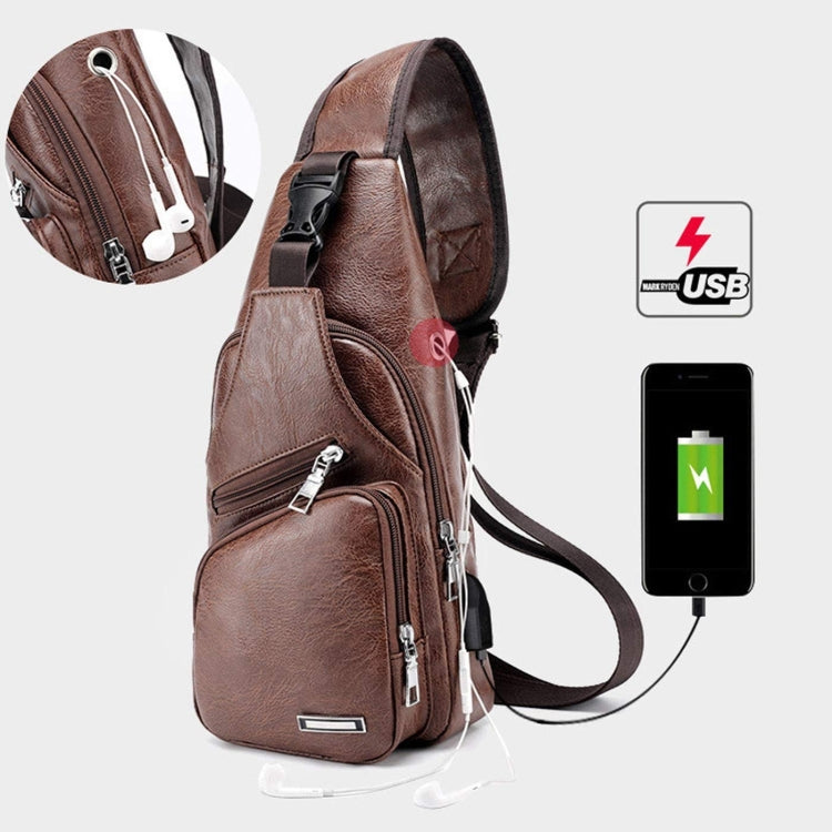 Waterproof Leisure PU Leather Single Shoulder Bag Men Chest Bag with USB Charging Port and Headphone Hole(Dark Brown) - Crossbody Bags by PMC Jewellery | Online Shopping South Africa | PMC Jewellery