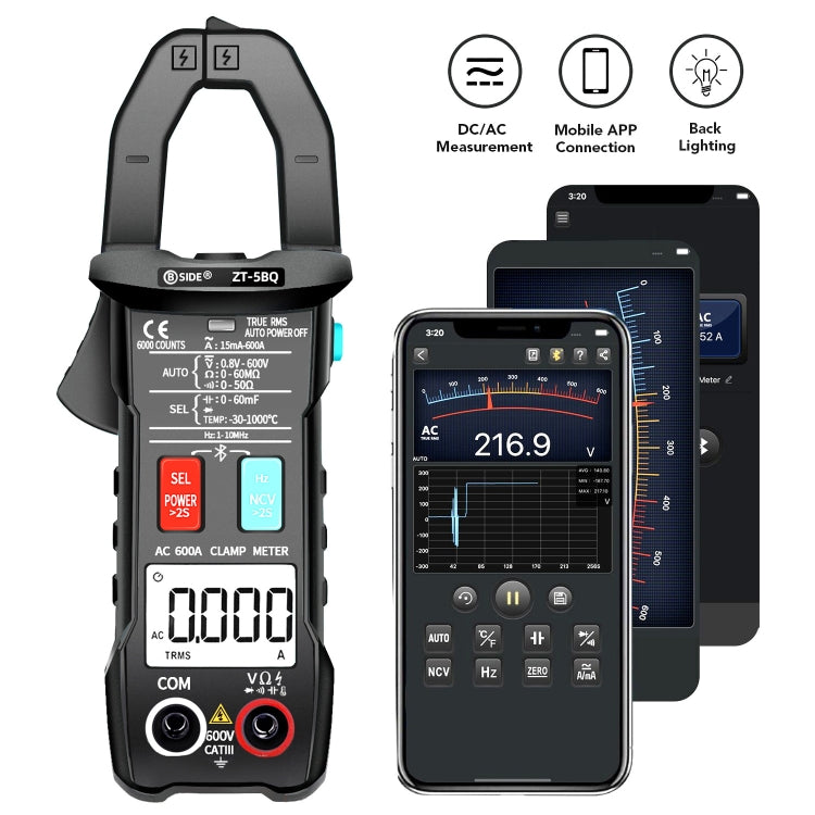 BSIDE  Bluetooth 5.0 6000 Words High Precision Smart AC Clamp Meter, Specification: ZT-5BQ+C3140 Clip - Digital Multimeter by BSIDE | Online Shopping South Africa | PMC Jewellery | Buy Now Pay Later Mobicred