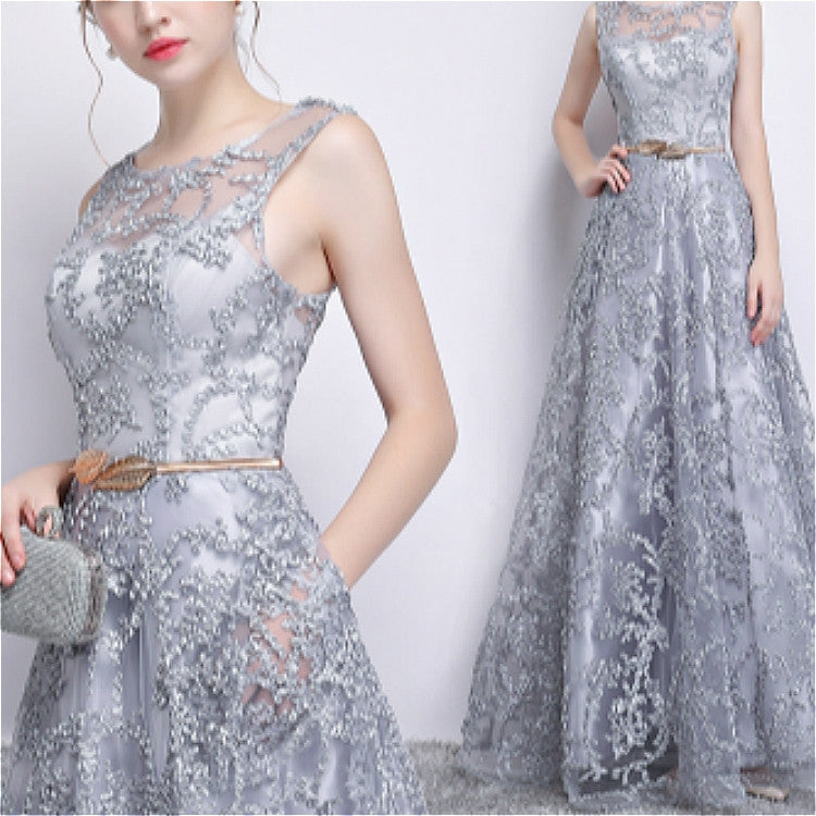 Banquet Lace Sleeveless  Long Party Formal Gown, Size:S(Grey) - Evening Dress by PMC Jewellery | Online Shopping South Africa | PMC Jewellery