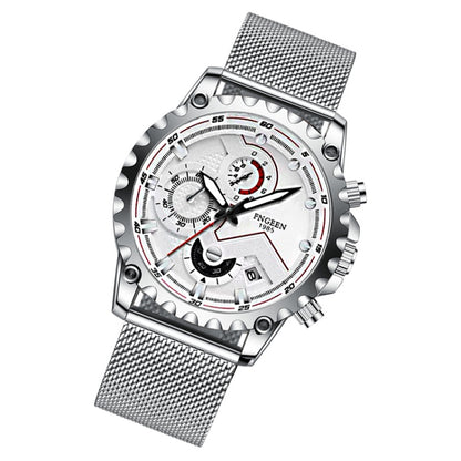 FNGEEN 5757 Men Waterproof Sports Fashion Stainless Steel Watch(White Net White Shell White Surface) - Alloy Watches by FNGEEN | Online Shopping South Africa | PMC Jewellery | Buy Now Pay Later Mobicred