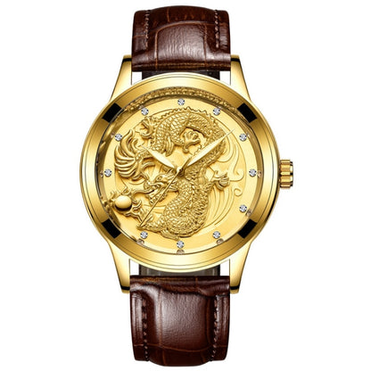 FNGEEN S666 Waterproof Luminous Watch Quartz Ultra-Thin Dragon Or Phoenix Pattern Couple Watch(Brown Leather Full Gold Golden Surface) - Couple Watches by FNGEEN | Online Shopping South Africa | PMC Jewellery | Buy Now Pay Later Mobicred