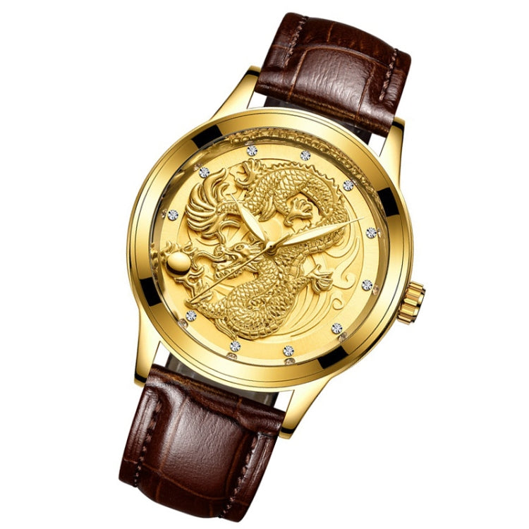 FNGEEN S666 Waterproof Luminous Watch Quartz Ultra-Thin Dragon Or Phoenix Pattern Couple Watch(Brown Leather Full Gold Golden Surface) - Couple Watches by FNGEEN | Online Shopping South Africa | PMC Jewellery | Buy Now Pay Later Mobicred