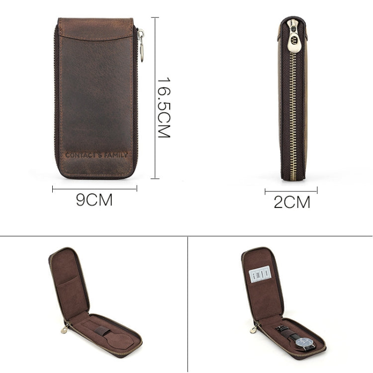 Contacts Family CF1121  Retro Crazy Horse Leather Watch Storage Box Single Watch Seat Portable Watch Zipper Bag(Coffee) - Watch Storages by Contacts Family | Online Shopping South Africa | PMC Jewellery | Buy Now Pay Later Mobicred