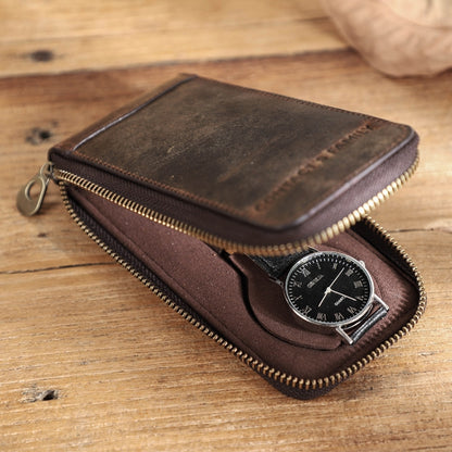 Contacts Family CF1121  Retro Crazy Horse Leather Watch Storage Box Single Watch Seat Portable Watch Zipper Bag(Coffee) - Watch Storages by Contacts Family | Online Shopping South Africa | PMC Jewellery | Buy Now Pay Later Mobicred