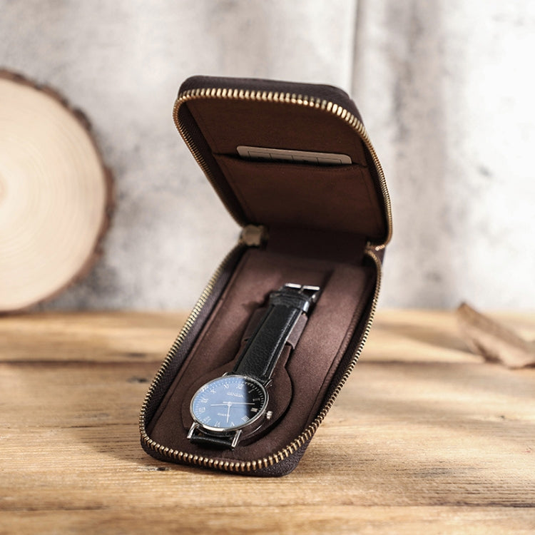 Contacts Family CF1121  Retro Crazy Horse Leather Watch Storage Box Single Watch Seat Portable Watch Zipper Bag(Coffee) - Watch Storages by Contacts Family | Online Shopping South Africa | PMC Jewellery | Buy Now Pay Later Mobicred