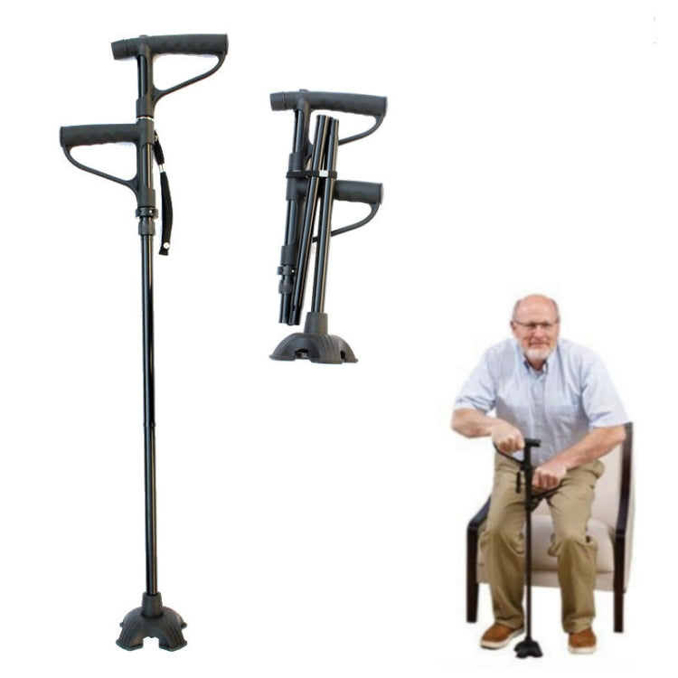 Multifunctional Folding Double-Handle Elderly Crutches Aluminum Alloy Elderly Power-Assisted Walking Sticks Four-Legged Walking Sticks With Lights, Length: 86-98cm(Black) - Folding Crutch by PMC TechLife | Online Shopping South Africa | PMC TechLife | Buy Now Pay Later Mobicred