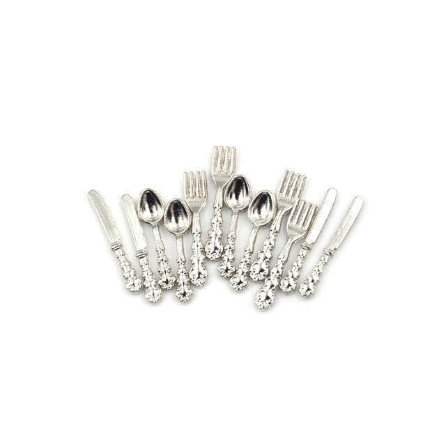 12 PCS / Set Simulation Kitchen Food Furniture Toys Dollhouse Miniature Accessories 1:12 Fork Knife Soup Spoon Tableware(Silver) - Pretend Play Toys by PMC Jewellery | Online Shopping South Africa | PMC Jewellery