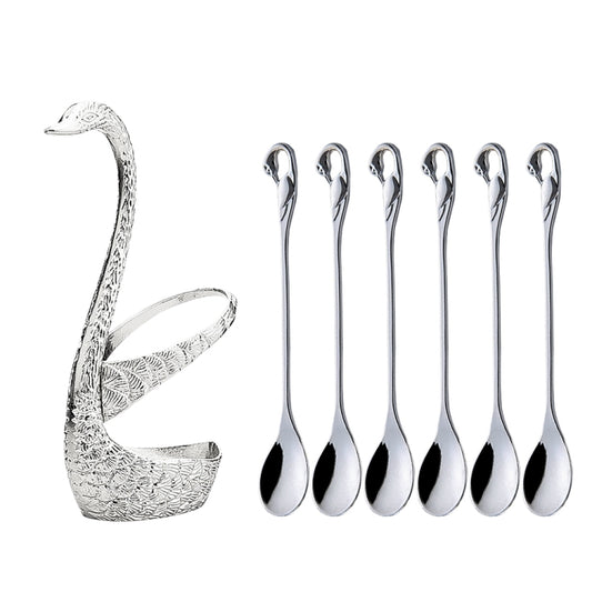 Swan Fruit Fork And Spoon Set Dessert Fork Fruit Fork Rack Tableware Wedding Gift, Colour: Silver Stripe With 6 Spoons - Cutlery Sets by PMC Jewellery | Online Shopping South Africa | PMC Jewellery
