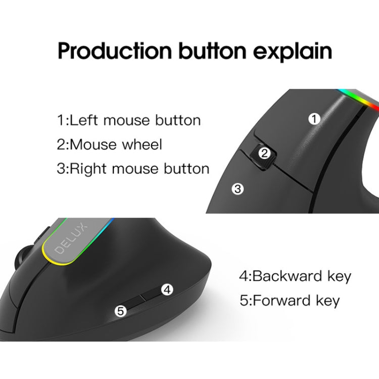 DELUX M618C 6 Keys 1600 DPI RGB Vertical Wireless Bluetooth Dual Mode Mouse(Black) - Wireless Mice by DELUX | Online Shopping South Africa | PMC TechLife | Buy Now Pay Later Mobicred