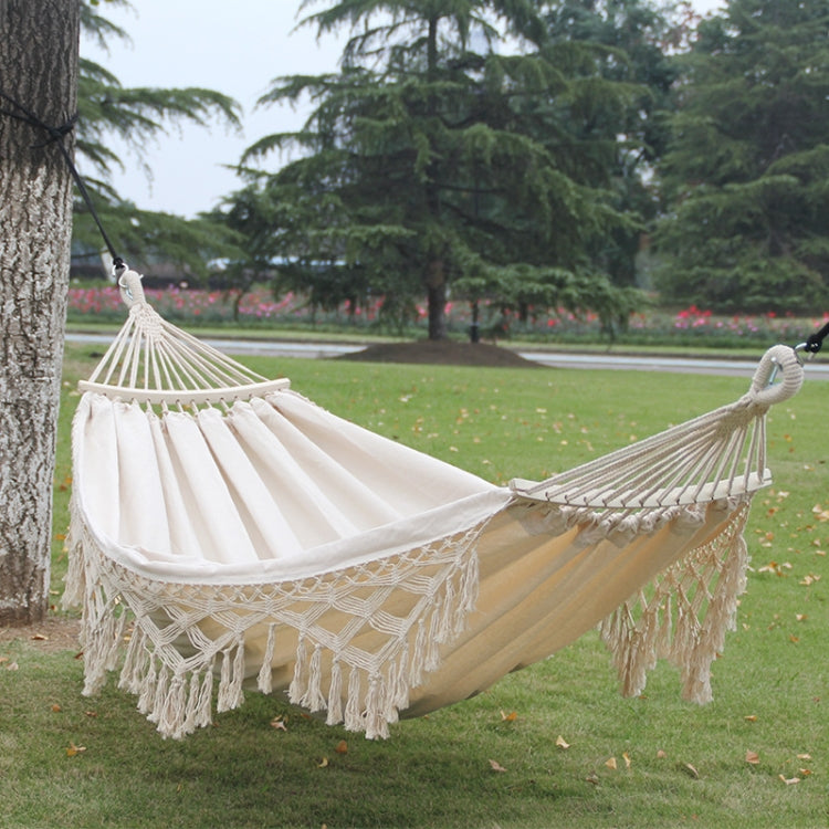 200x150cm Double Outdoor Camping Tassel Canvas Hammock with Stick(White) - Hammocks by PMC TechLife | Online Shopping South Africa | PMC TechLife | Buy Now Pay Later Mobicred