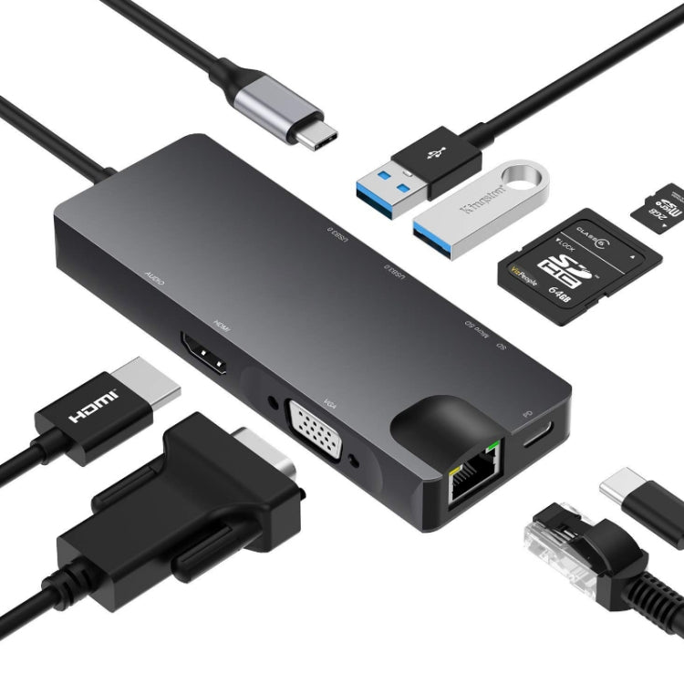 8 In 1 Type-C To HDMI+VAG Gigabit RJ45+USB3.0 Docking Station(Gray) - USB HUB by PMC TechLife | Online Shopping South Africa | PMC TechLife