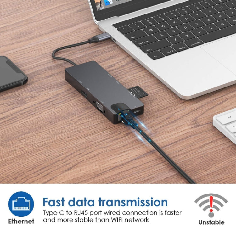 8 In 1 Type-C To HDMI+VAG Gigabit RJ45+USB3.0 Docking Station(Gray) - USB HUB by PMC TechLife | Online Shopping South Africa | PMC TechLife