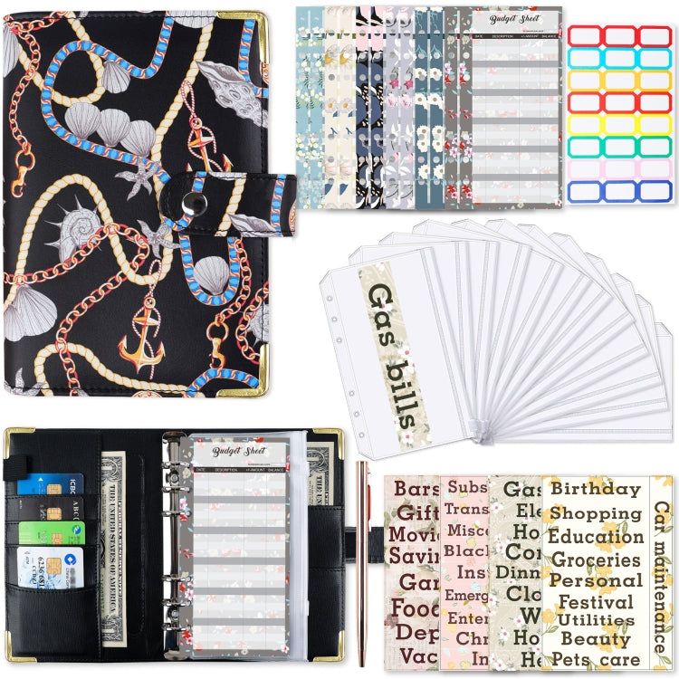 A6 PU Leather Color Printing Notebook Zipper Bag Loose-leaf Budget Binder(Chain-Black) - Notebooks by PMC TechLife | Online Shopping South Africa | PMC TechLife