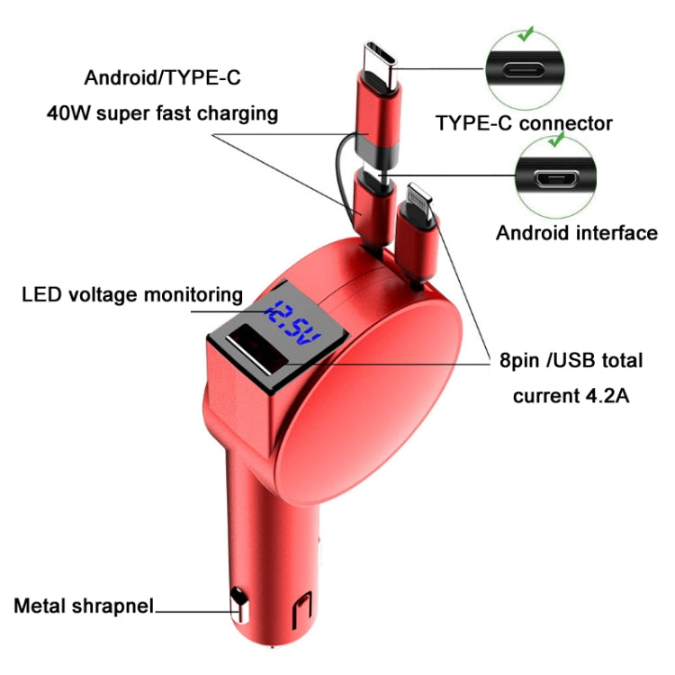 3 In 1 60W Fast Charging Dual Cable Retractable Car Charger(Black) - Car Charger by PMC TechLife | Online Shopping South Africa | PMC TechLife
