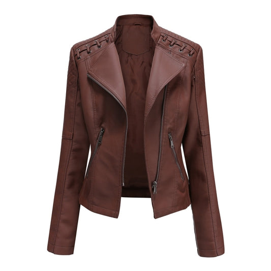 Women Short Leather Jacket Slim Jacket Motorcycle Suit, Size: S(Coffee) - Jacket & Loose Coat by PMC Jewellery | Online Shopping South Africa | PMC Jewellery