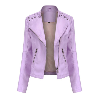 Women Short Leather Jacket Slim Jacket Motorcycle Suit, Size: S(Light Cherry Pink) - Jacket & Loose Coat by PMC Jewellery | Online Shopping South Africa | PMC Jewellery