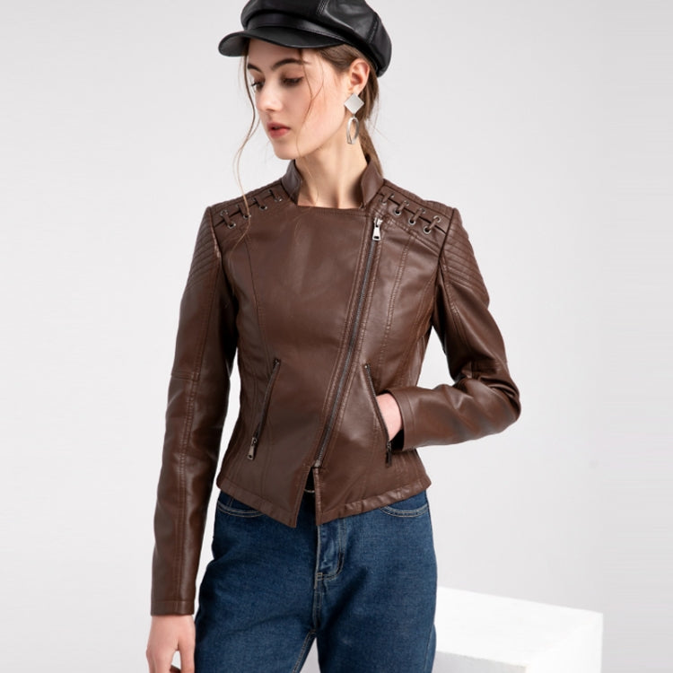 Women Short Leather Jacket Slim Jacket Motorcycle Suit, Size: L(Coffee) - Jacket & Loose Coat by PMC Jewellery | Online Shopping South Africa | PMC Jewellery
