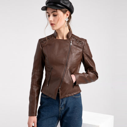 Women Short Leather Jacket Slim Jacket Motorcycle Suit, Size: M(Black) - Jacket & Loose Coat by PMC Jewellery | Online Shopping South Africa | PMC Jewellery