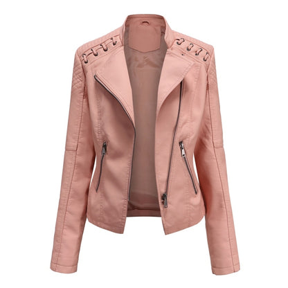 Women Short Leather Jacket Slim Jacket Motorcycle Suit, Size: M(Pink) - Jacket & Loose Coat by PMC Jewellery | Online Shopping South Africa | PMC Jewellery