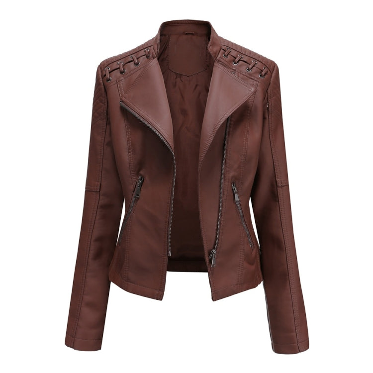 Women Short Leather Jacket Slim Jacket Motorcycle Suit, Size: L(Coffee) - Jacket & Loose Coat by PMC Jewellery | Online Shopping South Africa | PMC Jewellery