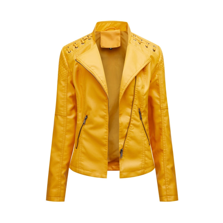 Women Short Leather Jacket Slim Jacket Motorcycle Suit, Size: XL(Lemon Yellow) - Jacket & Loose Coat by PMC Jewellery | Online Shopping South Africa | PMC Jewellery